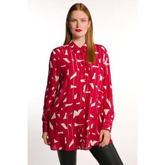 Selection by Ulla Popken Red + White Abstract Metallic Thread Button Up Blouse - Picture 1 of 9